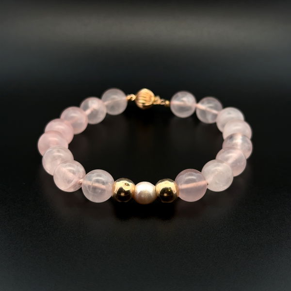 Closeup photo of 14K YG 10mm Round Rose Quartz Bead & Pearl Bracelet 25.5g, 8"