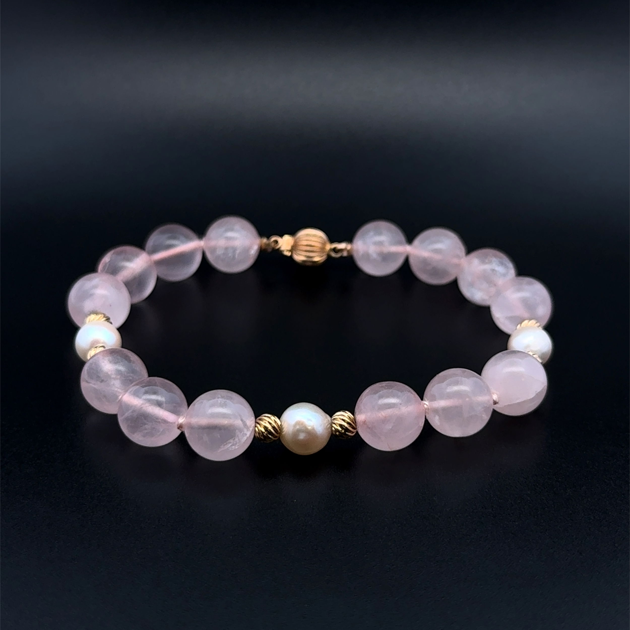 14K YG 10mm Round Rose Quartz Bead & Pearl Bracelet 23.1g, 8" 14K YG 10mm Round Rose Quartz Bead & Pearl Bracelet 23.1g, 8"
