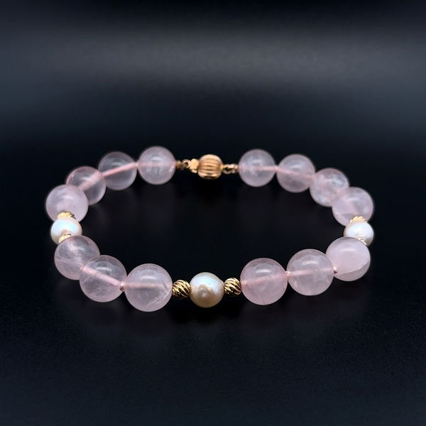 Closeup photo of 14K YG 10mm Round Rose Quartz Bead & Pearl Bracelet 23.1g, 8"