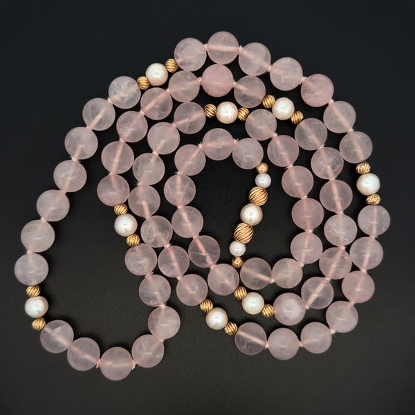 Closeup photo of 14K YG 10mm Round Rose Quartz Bead & Pearl Necklace 95.6g, 34"