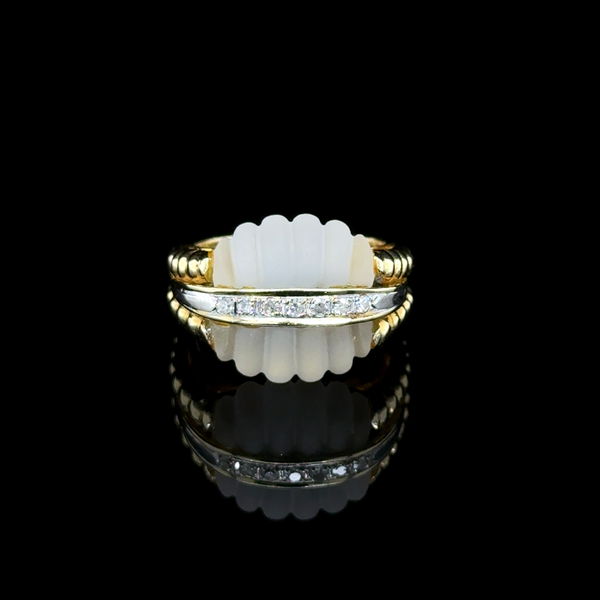 Closeup photo of 14K YG Rock Quartz & .12tcw Diamond Rope Split Shank Ring 10.7g, s6.75