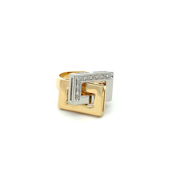 Closeup photo of 18K 2tone Geometric Stacked .08tcw Diamond Modern Ring 10.4g, s6.75