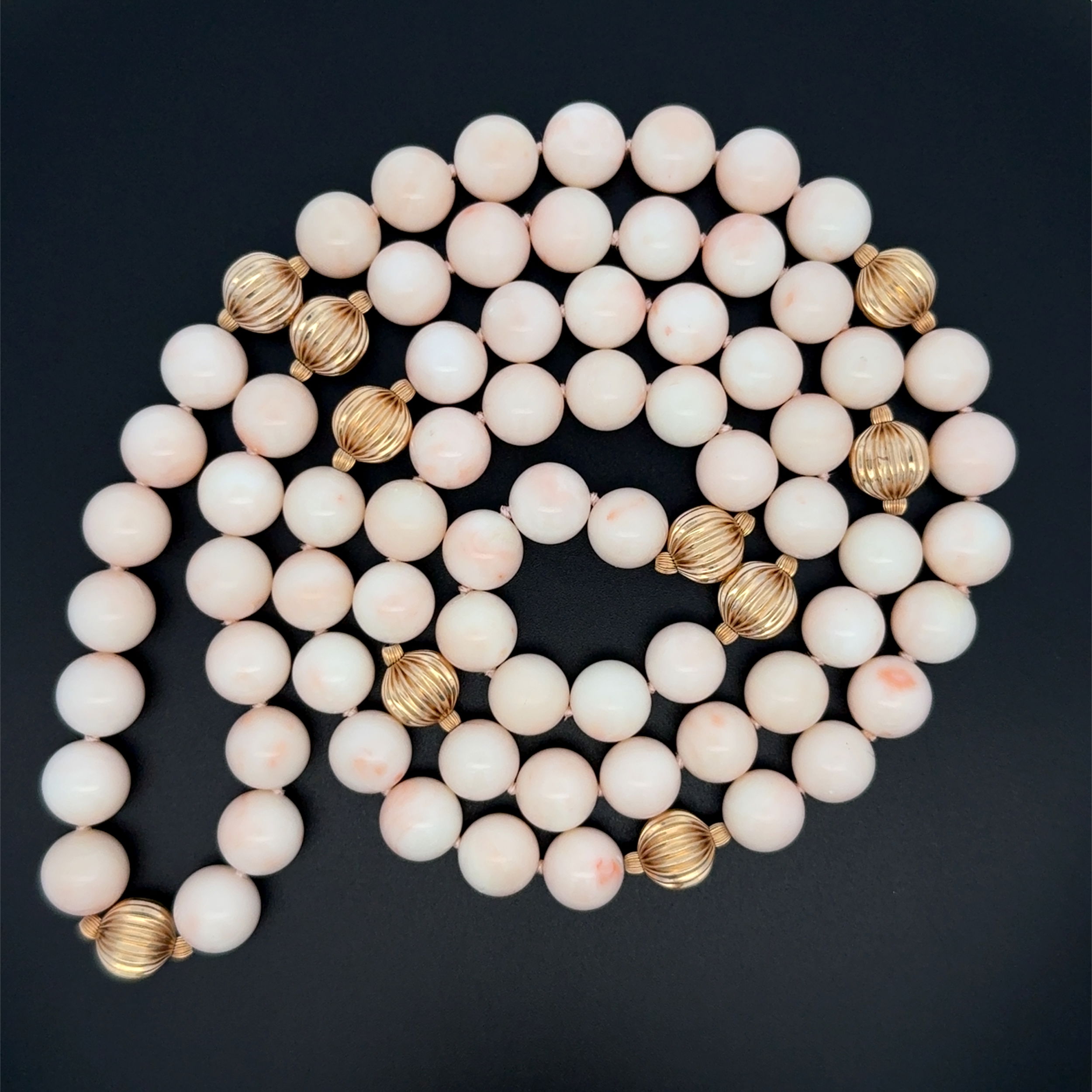 14K YG 10.5mm Round Angel Skin Coral Bead & Gold Bead Necklace 121.6g, 36" 14K YG 10.5mm Round Angel Skin Coral Bead & Gold Bead Necklace 121.6g, 36"