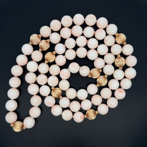 Closeup photo of 14K YG 10.5mm Round Angel Skin Coral Bead & Gold Bead Necklace 121.6g, 36"