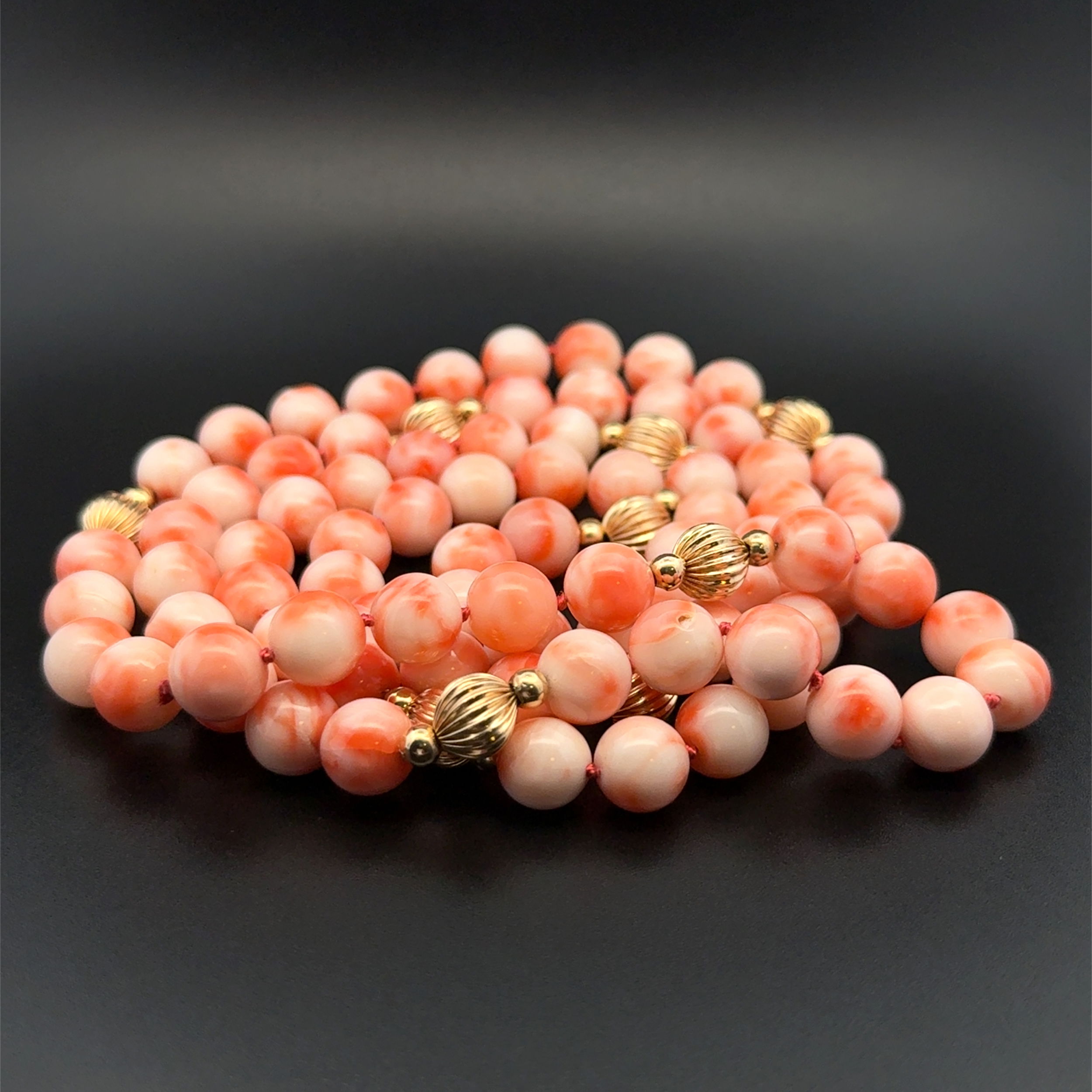 14K YG 9mm Round Variegated Coral Bead & Gold Bead Necklace 84.0g, 35" 14K YG 9mm Round Variegated Coral Bead & Gold Bead Necklace 84.0g, 35"