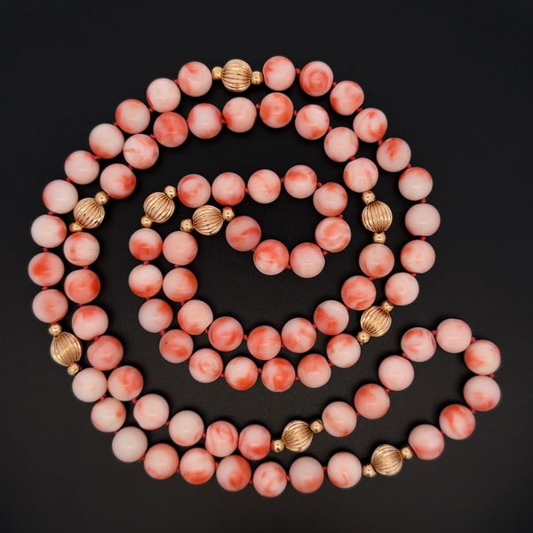 Closeup photo of 14K YG 9mm Round Variegated Coral Bead & Gold Bead Necklace 84.0g, 35"