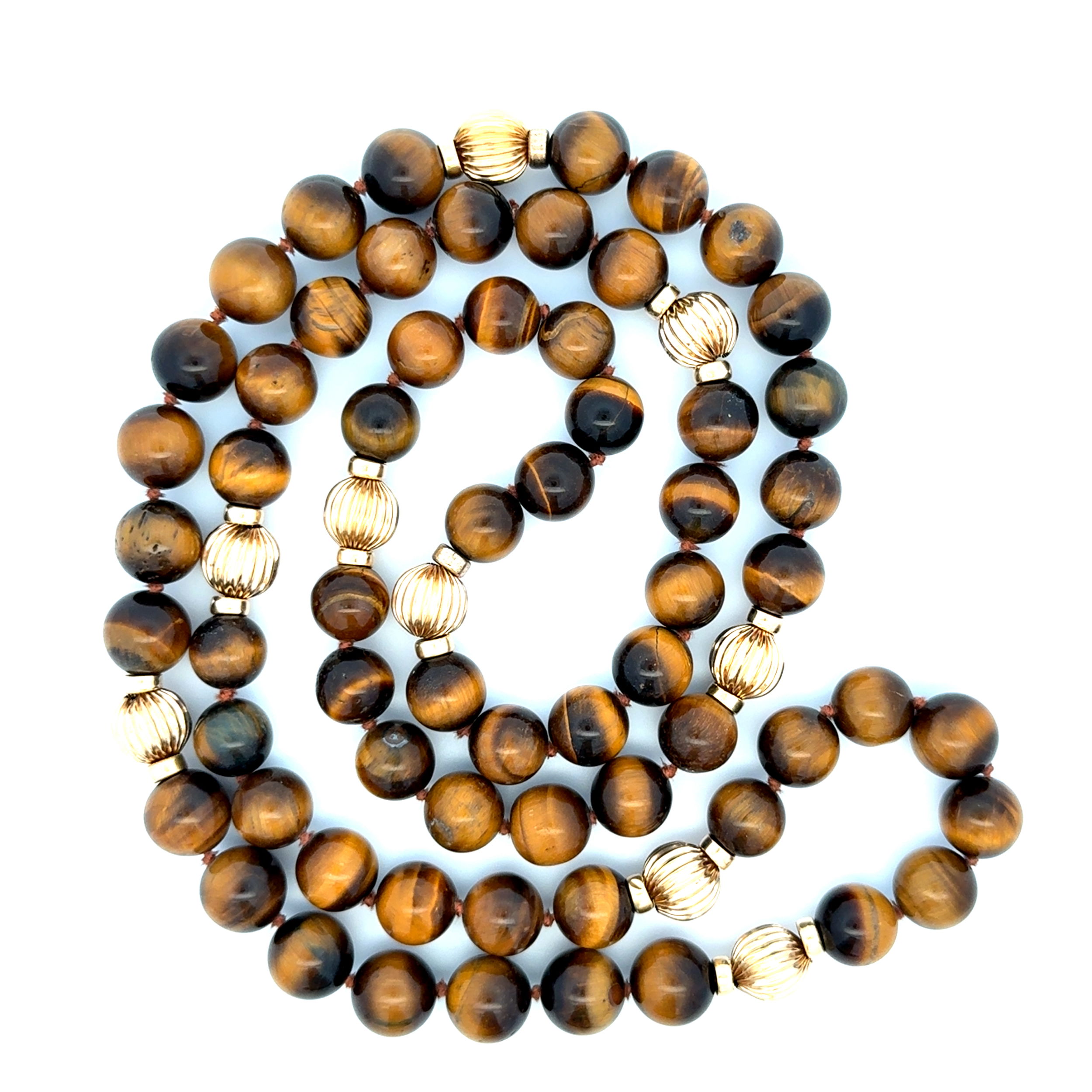 14K YG 11mm Round Tigers Eye Bead & Gold Bead Necklace 117.9g, 34" 14K YG 11mm Round Tigers Eye Bead & Gold Bead Necklace 117.9g, 34"