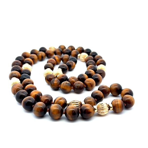 Closeup photo of 14K YG 11mm Round Tigers Eye Bead & Gold Bead Necklace 117.9g, 34"