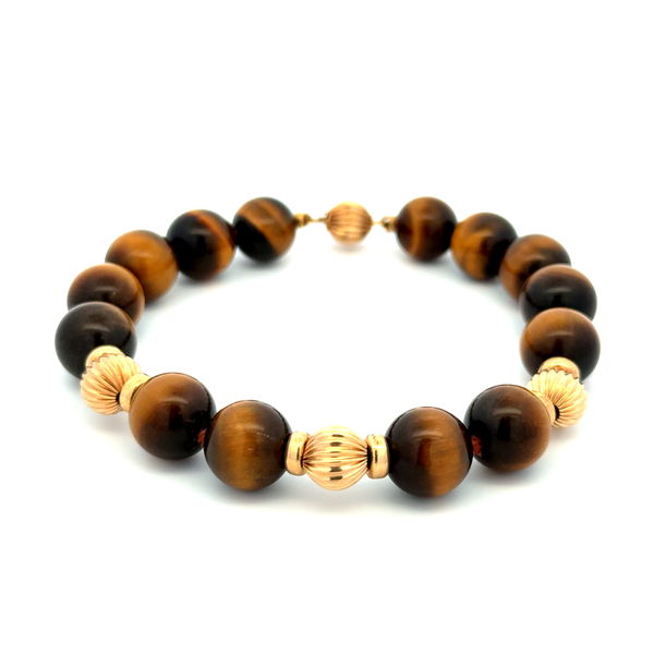 Closeup photo of 14K YG 10.5mm Round Tigers Eye Bead & Gold Bead Bracelet 24.0g, 7.75"