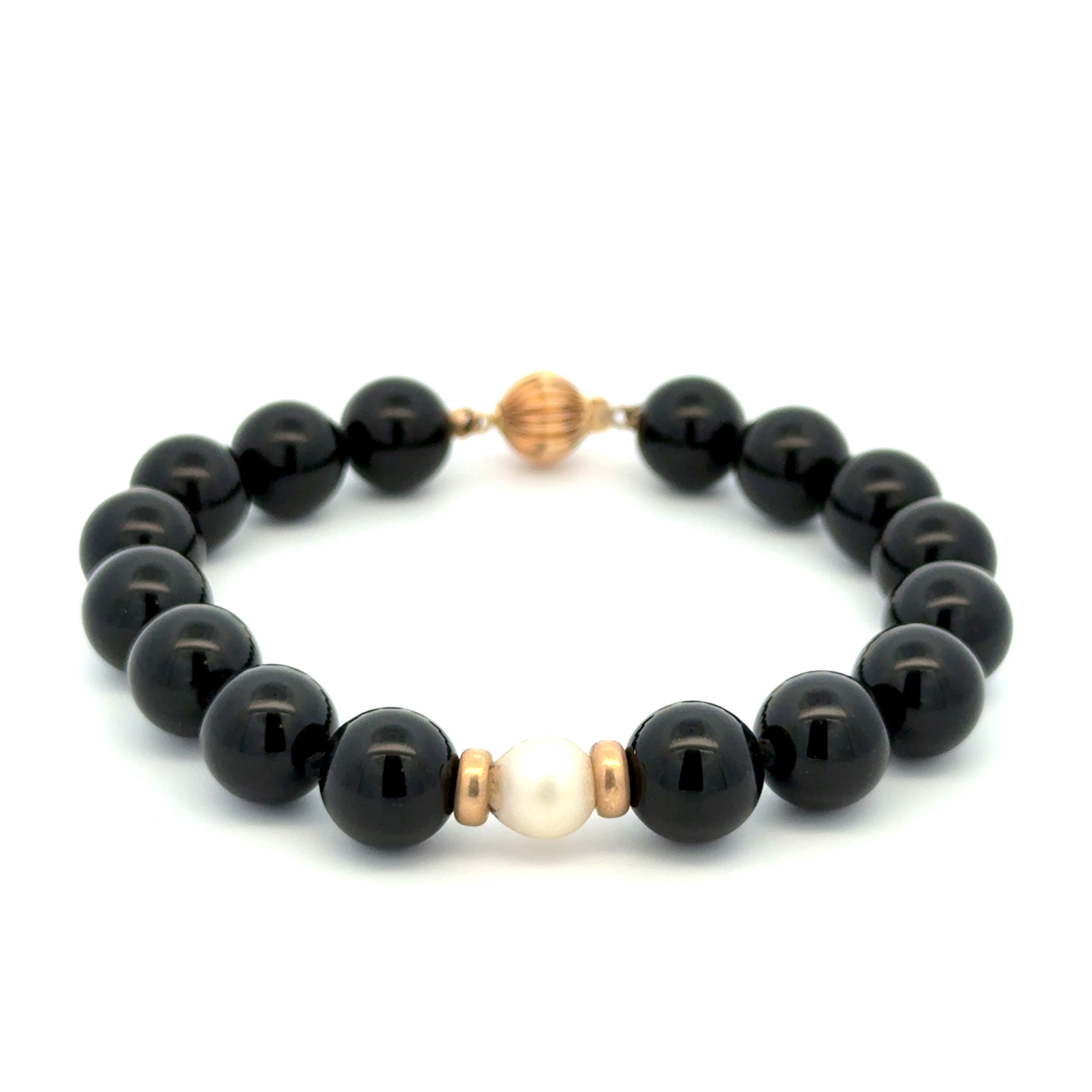 14K YG 9.75mm Round Onyx Bead, Pearl & Gold Bead Bracelet 21.7g, 7.5" 14K YG 9.75mm Round Onyx Bead, Pearl & Gold Bead Bracelet 21.7g, 7.5"