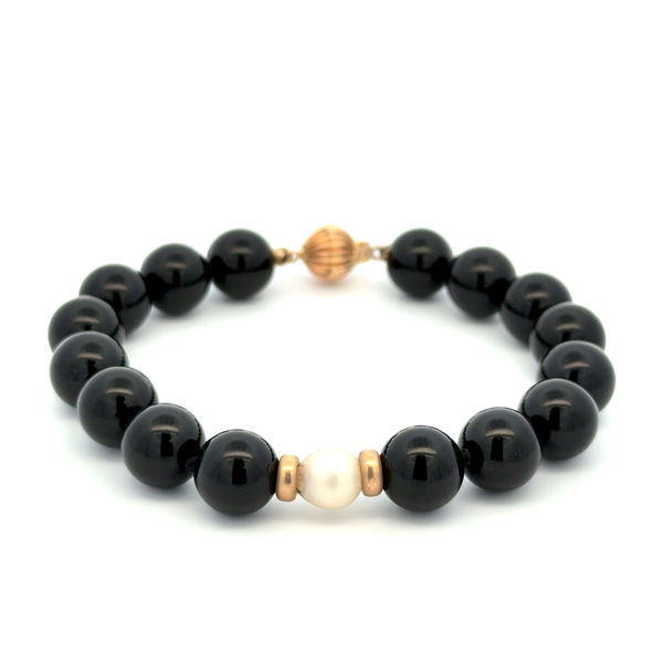 Closeup photo of 14K YG 9.75mm Round Onyx Bead, Pearl & Gold Bead Bracelet 21.7g, 7.5"