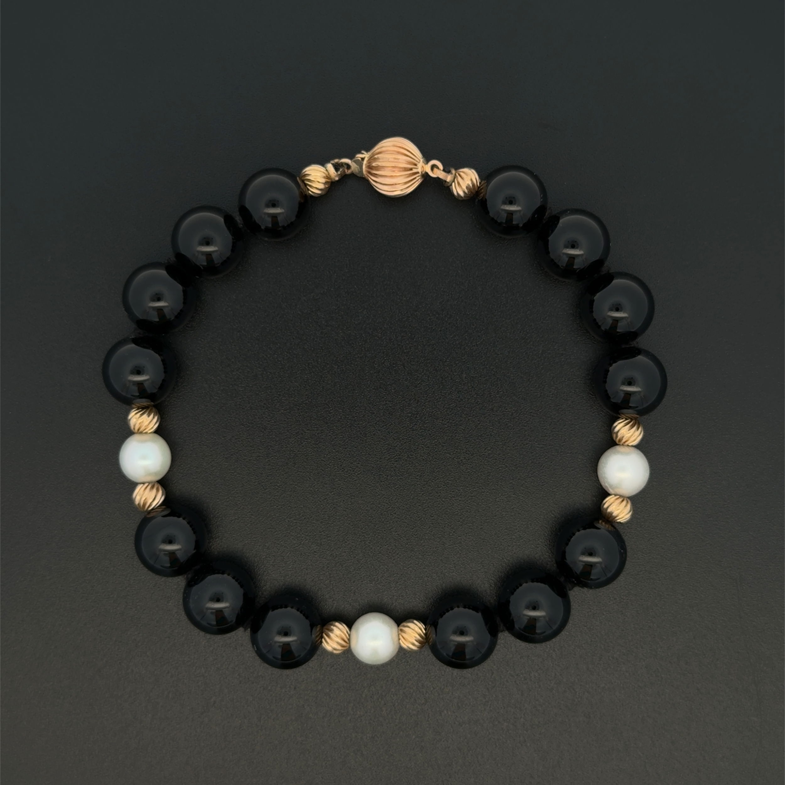 14K YG 9.75mm Round Onyx Bead, Pearl & Gold Bead Bracelet 20.2g, 8" 14K YG 9.75mm Round Onyx Bead, Pearl & Gold Bead Bracelet 20.2g, 8"