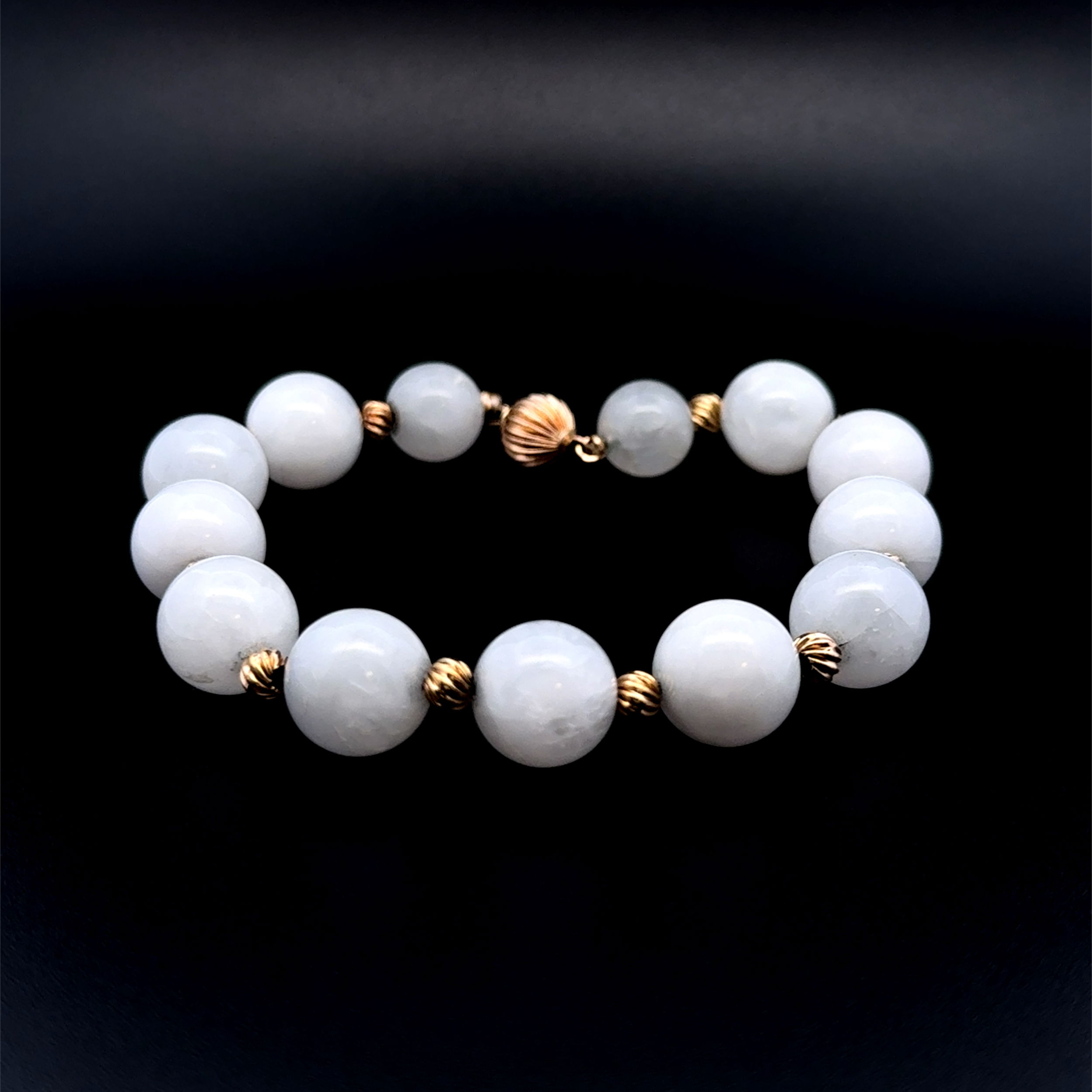 14K YG 11.75mm Round White Quartz Bead & Gold Bead Bracelet 28.4g, 8" 14K YG 11.75mm Round White Quartz Bead & Gold Bead Bracelet 28.4g, 8"