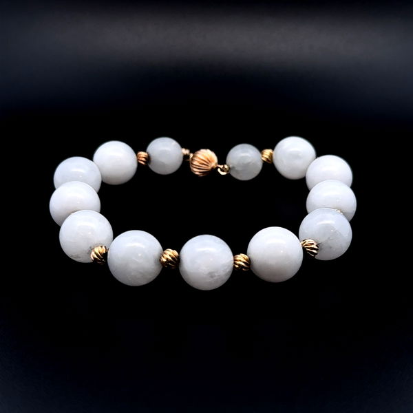 Closeup photo of 14K YG 11.75mm Round White Quartz Bead & Gold Bead Bracelet 28.4g, 8"