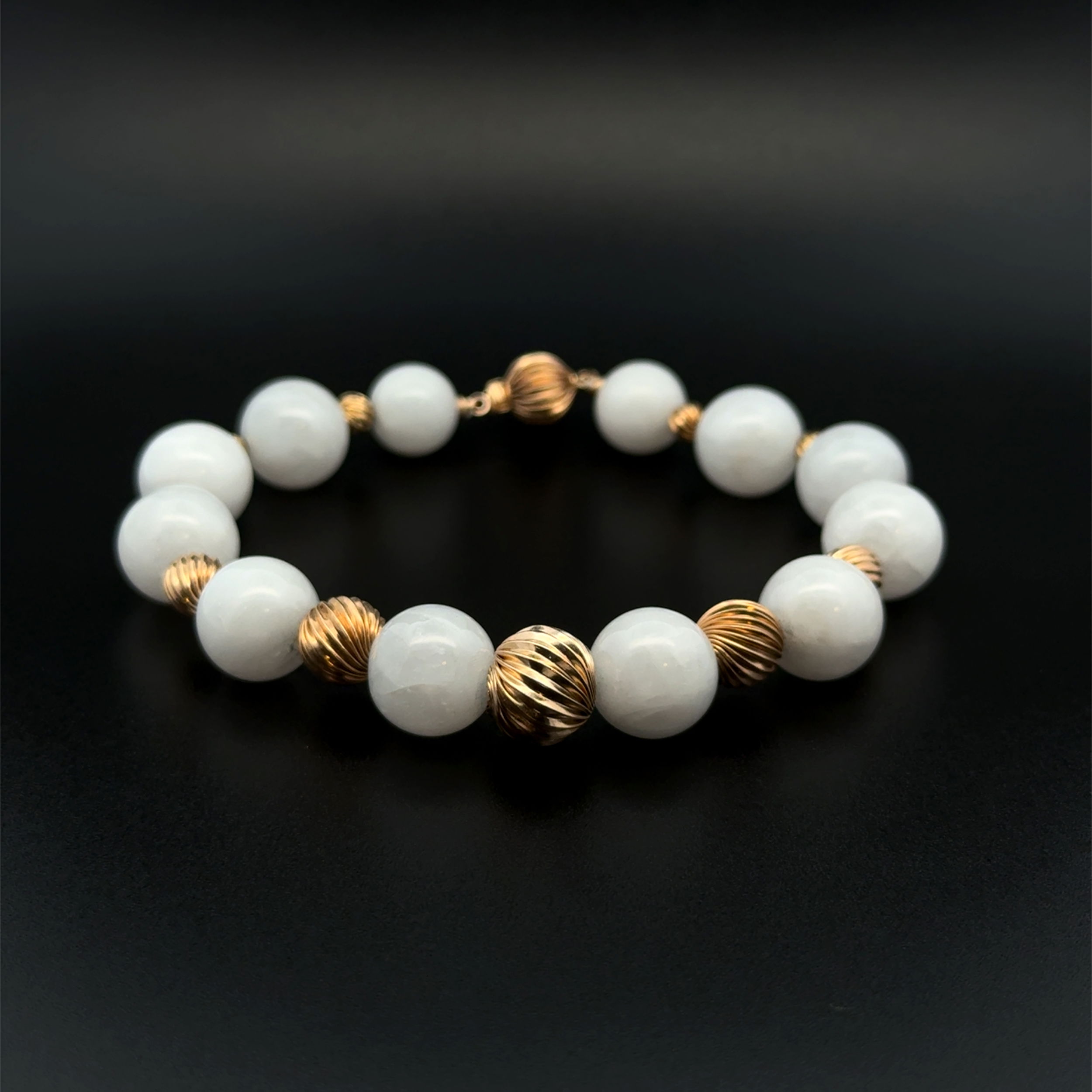 14K YG 11.75mm Round White Quartz Bead & Gold Bead Bracelet 27.0g, 8.25" 14K YG 11.75mm Round White Quartz Bead & Gold Bead Bracelet 27.0g, 8.25"