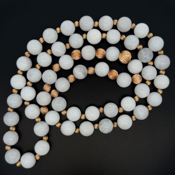 Closeup photo of 14K YG 11.75mm Round White Quartz Bead & Gold Bead Necklace 121.0g, 32"