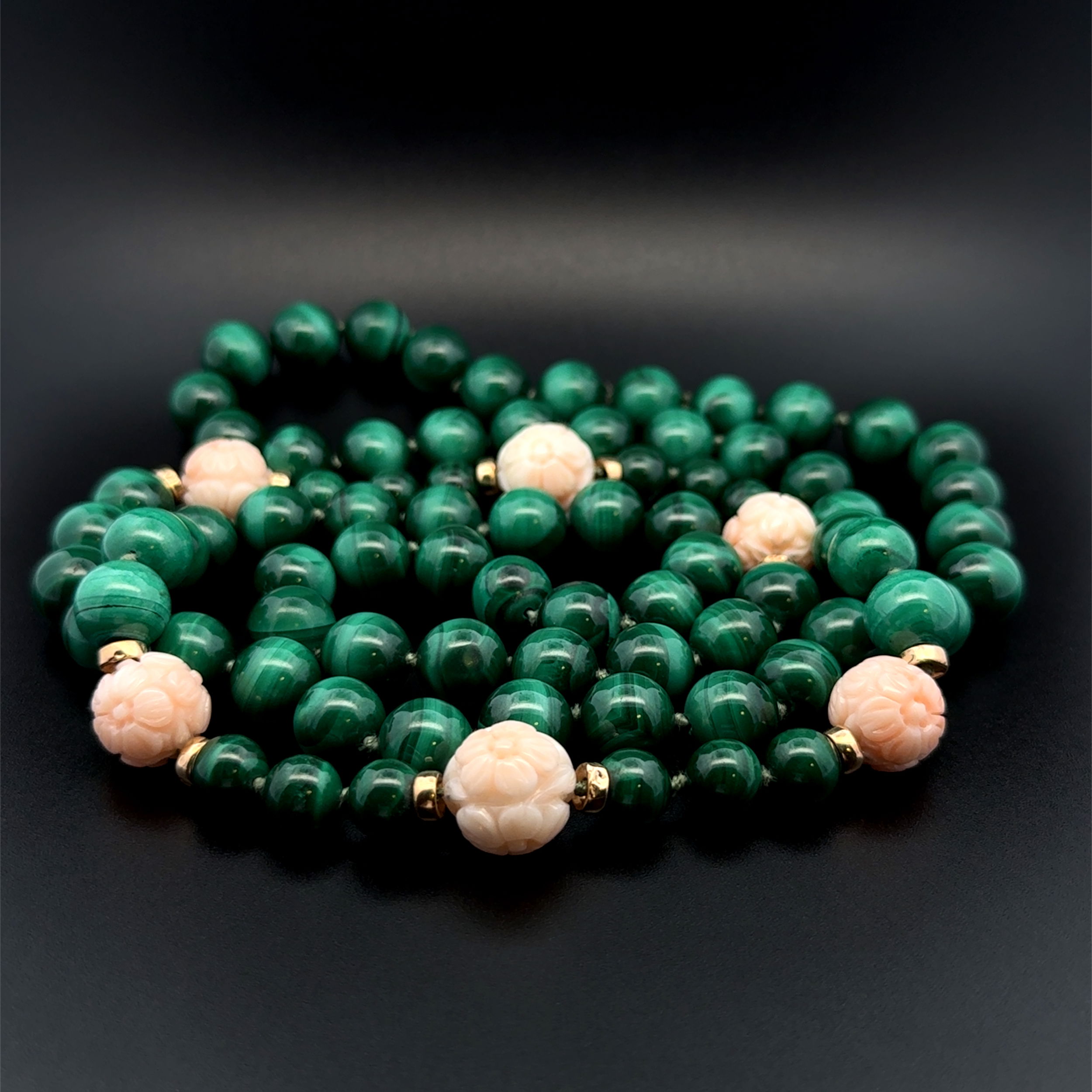 14K YG 10mm Round Malachite Bead, Carved Coral & Gold Bead Necklace 165.6, 36"