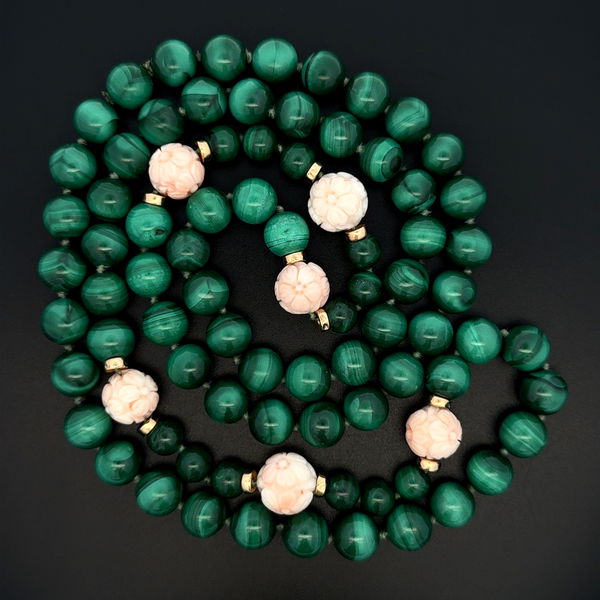 Closeup photo of 14K YG 10mm Round Malachite Bead, Carved Coral & Gold Bead Necklace 165.6, 36"