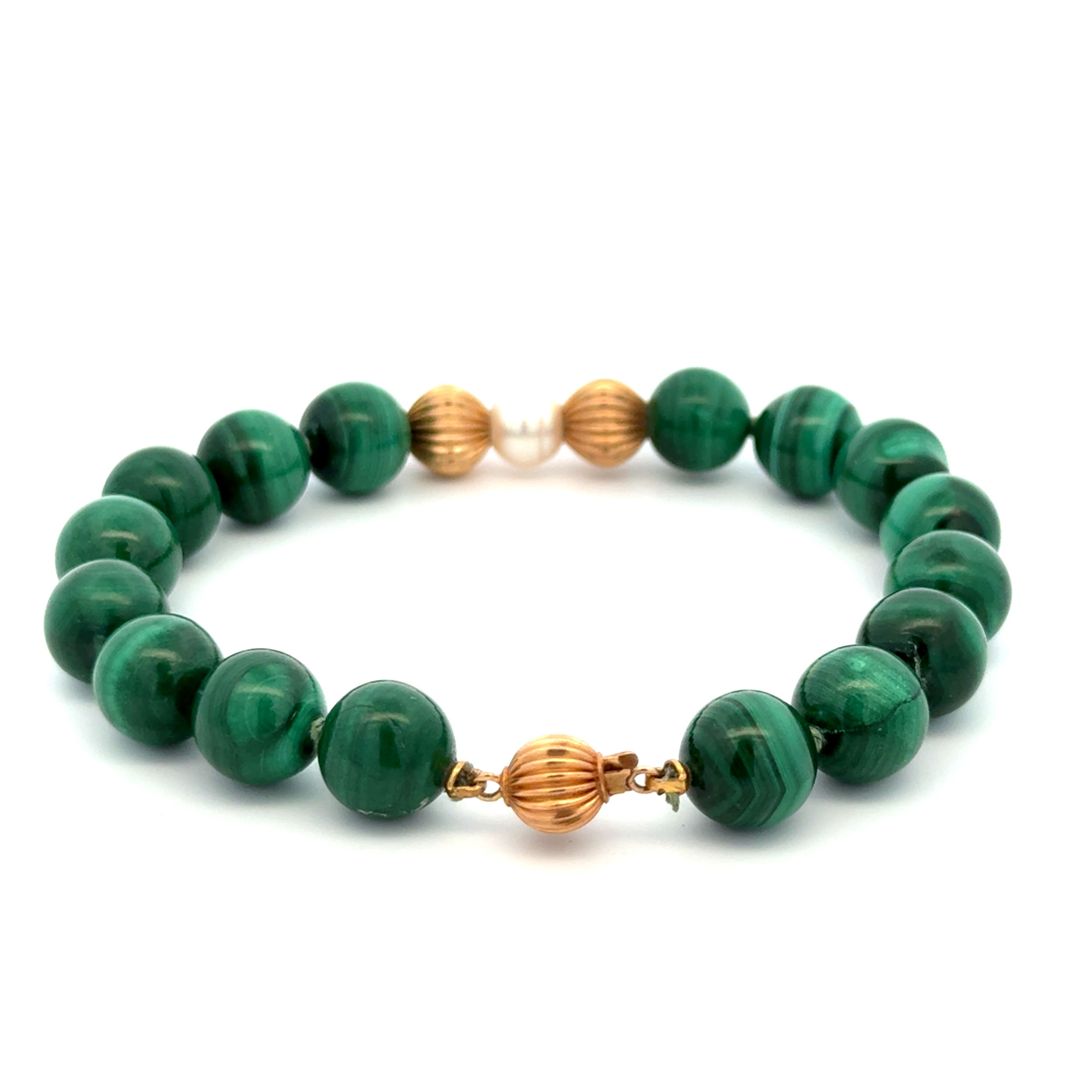 14K YG 10mm Round Malachite Bead, Pearl & Gold Bead Bracelet 33.2g, 7.75" 14K YG 10mm Round Malachite Bead, Pearl & Gold Bead Bracelet 33.2g, 7.75"
