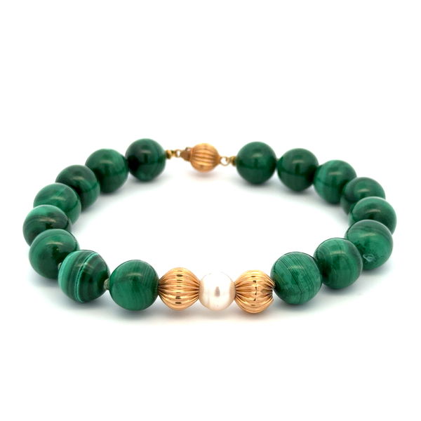Closeup photo of 14K YG 10mm Round Malachite Bead, Pearl & Gold Bead Bracelet 33.2g, 7.75"