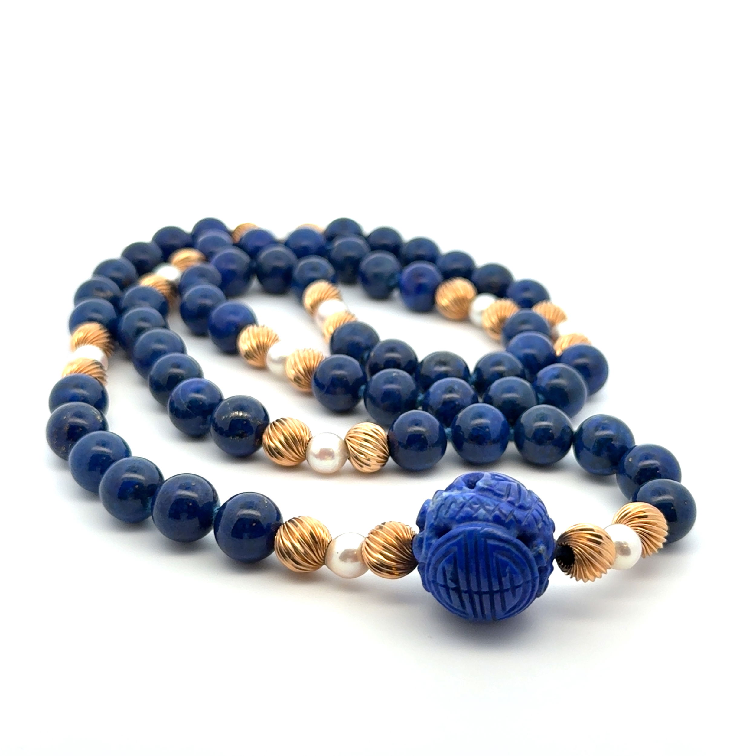 14K YG 10mm Round Lapis Bead, Pearl, 20mm Carved Lapis & Gold Bead Necklace 100.7g, 32" 14K YG 10mm Round Lapis Bead, Pearl, 20mm Carved Lapis & Gold Bead Necklace 100.7g, 32"
