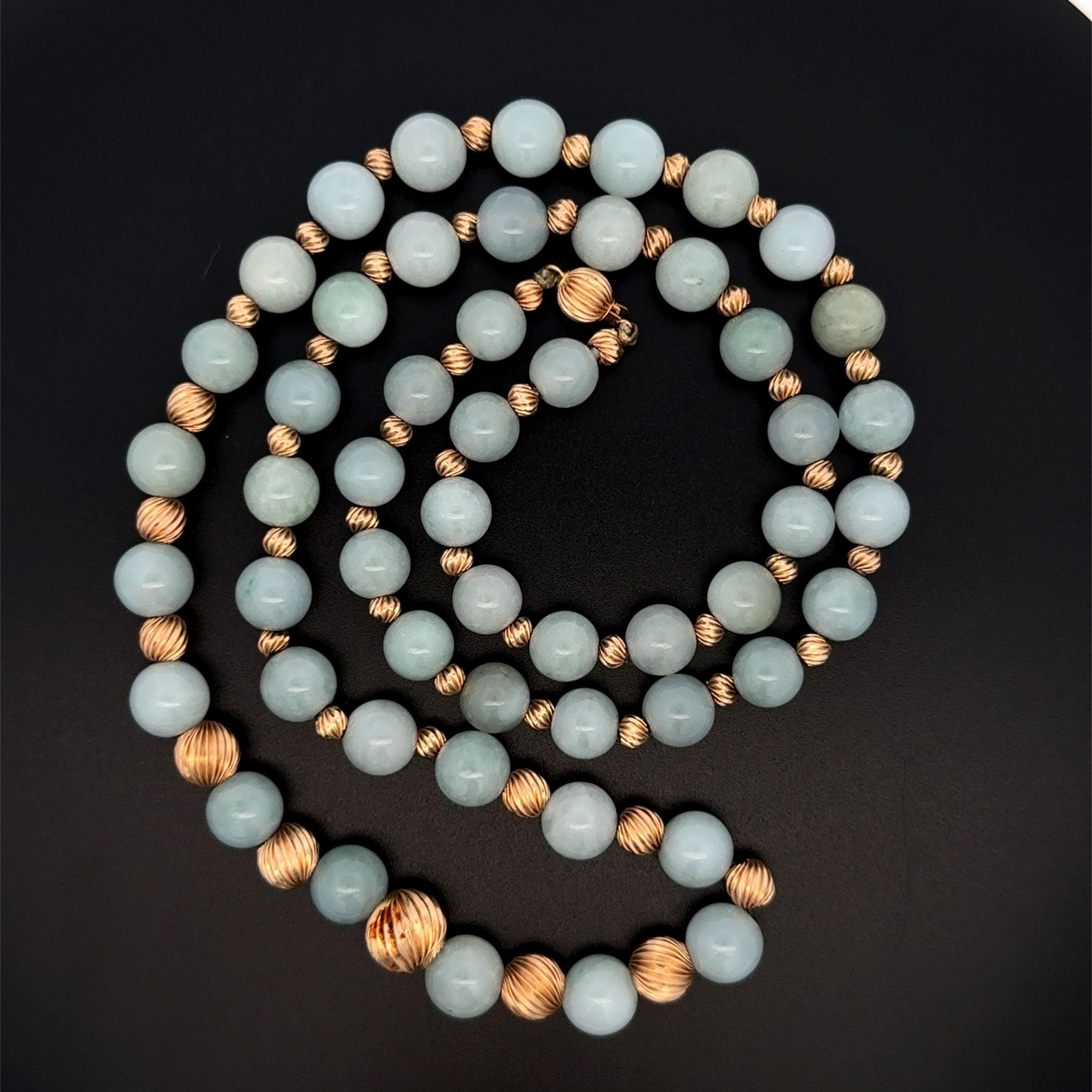14K YG 10mm Round Nephrite Jade Bead & Gold Bead Necklace 78.6g, 28" 14K YG 10mm Round Nephrite Jade Bead & Gold Bead Necklace 78.6g, 28"