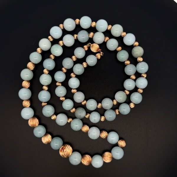 Closeup photo of 14K YG 10mm Round Nephrite Jade Bead & Gold Bead Necklace 78.6g, 28"