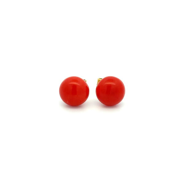 Closeup photo of 14K YG 8mm Red Coral Button Stud Earrings 2.0g