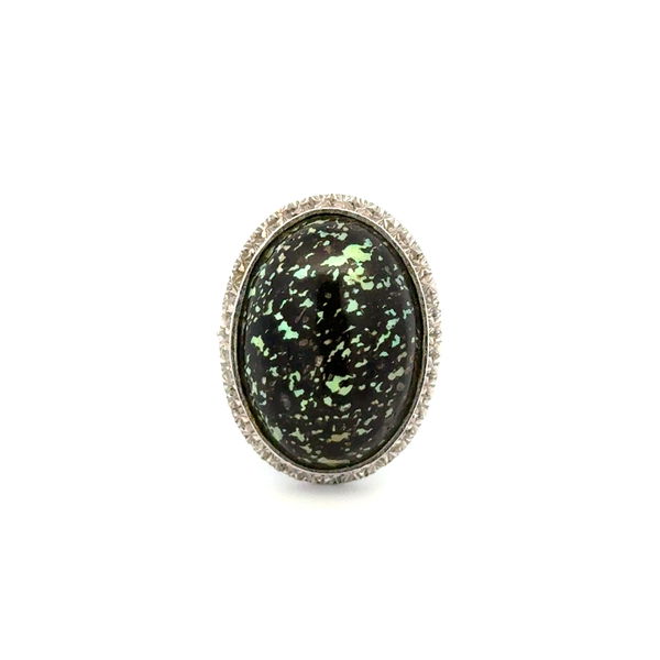 Closeup photo of 8K WG Vintage 6ct Boulder Opal Diamond Cut Halo Ring 6.9g. 6.75"