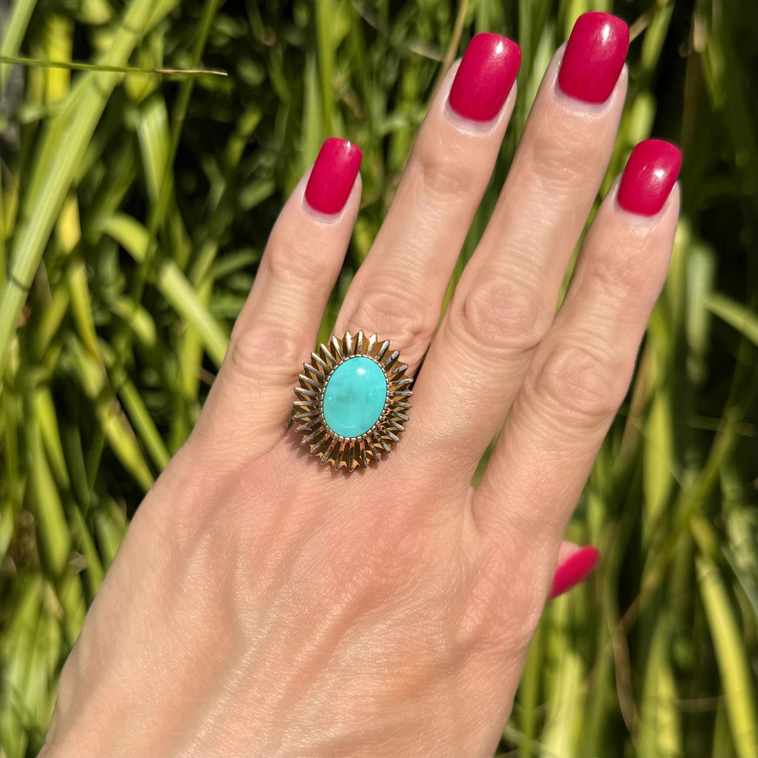 14K YG 1960's 3ct Oval Turquoise in Fan Design Ring 6.1g, s7.25 14K YG 1960's 3ct Oval Turquoise in Fan Design Ring 6.1g, s7.25