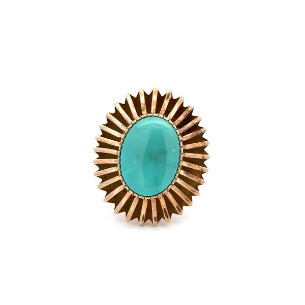 Closeup photo of 14K YG 1960's 3ct Oval Turquoise in Fan Design Ring 6.1g, s7.25