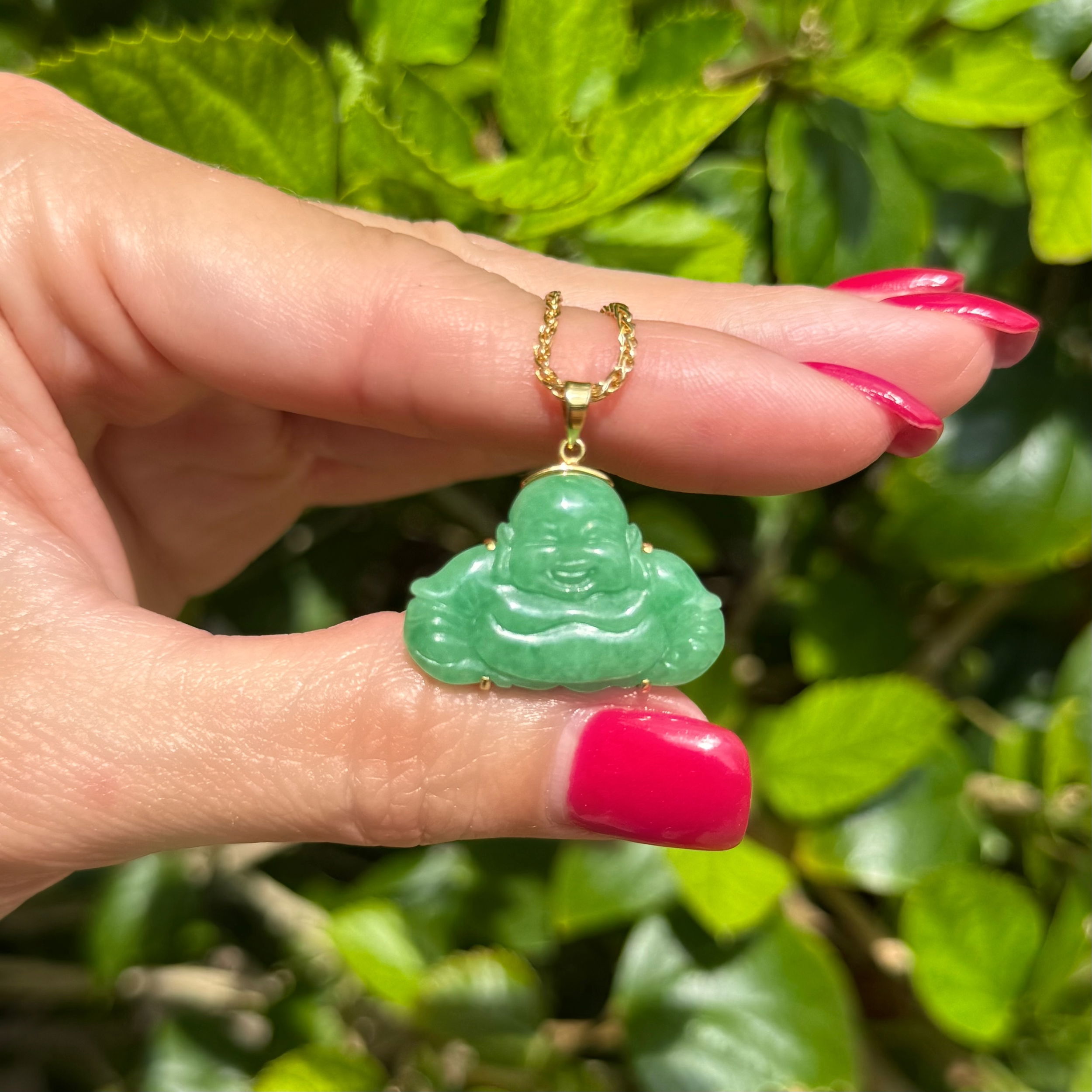 14K YG Carved Jadeite Jade Buddha Pendant on Chain 8.9g, 16"