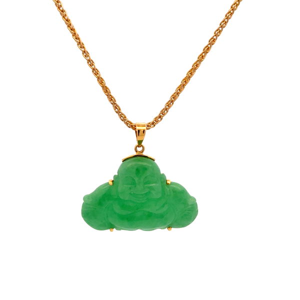 Closeup photo of 14K YG Carved Jadeite Jade Buddha Pendant on Chain 8.9g, 16"
