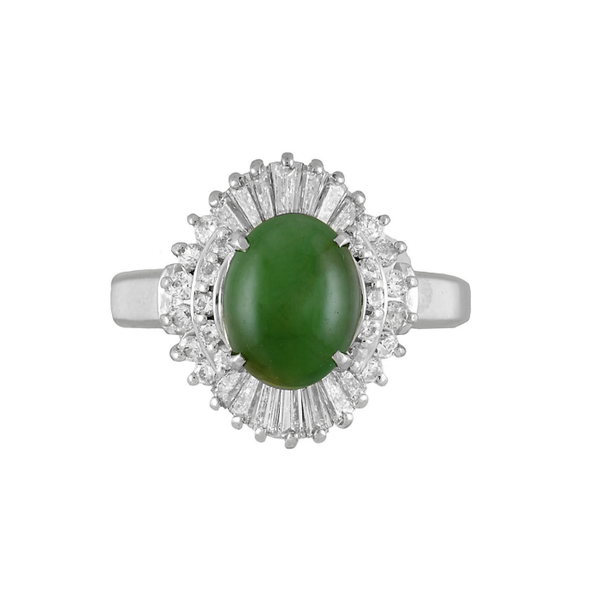 Closeup photo of Platinum 1.20ct A Jadeite Jade GIA & .86tcw Baguette & RBC Diamond Ring 9.7g, s7