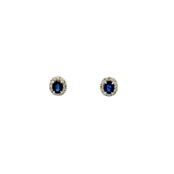 Closeup photo of Platinum .56tcw Oval Sapphire & .16tcw RBC Diamond Halo Earrings .8g