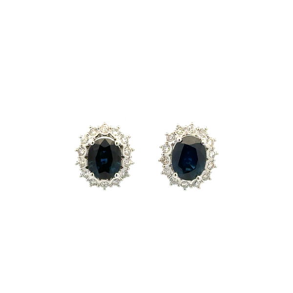 Closeup photo of Platinum 4.70tcw Oval Sapphire & .77tcw RBC Diamond Halo Earrings 7.5g