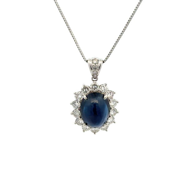 Closeup photo of Platinum 5.16ct Sugarloaf Sapphire GIA & 1.25tcw RBC Diamond Halo Drop Pendant Necklace 6.8g, 18"