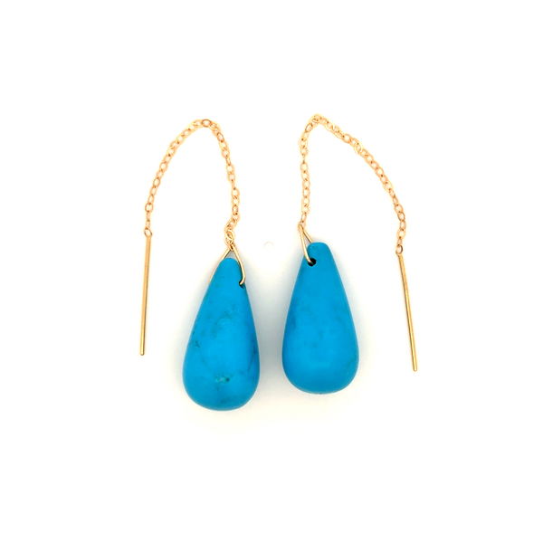 Closeup photo of 14K YG 37ct Turquoise Briolette Drop Earrings 8.7g, 3"