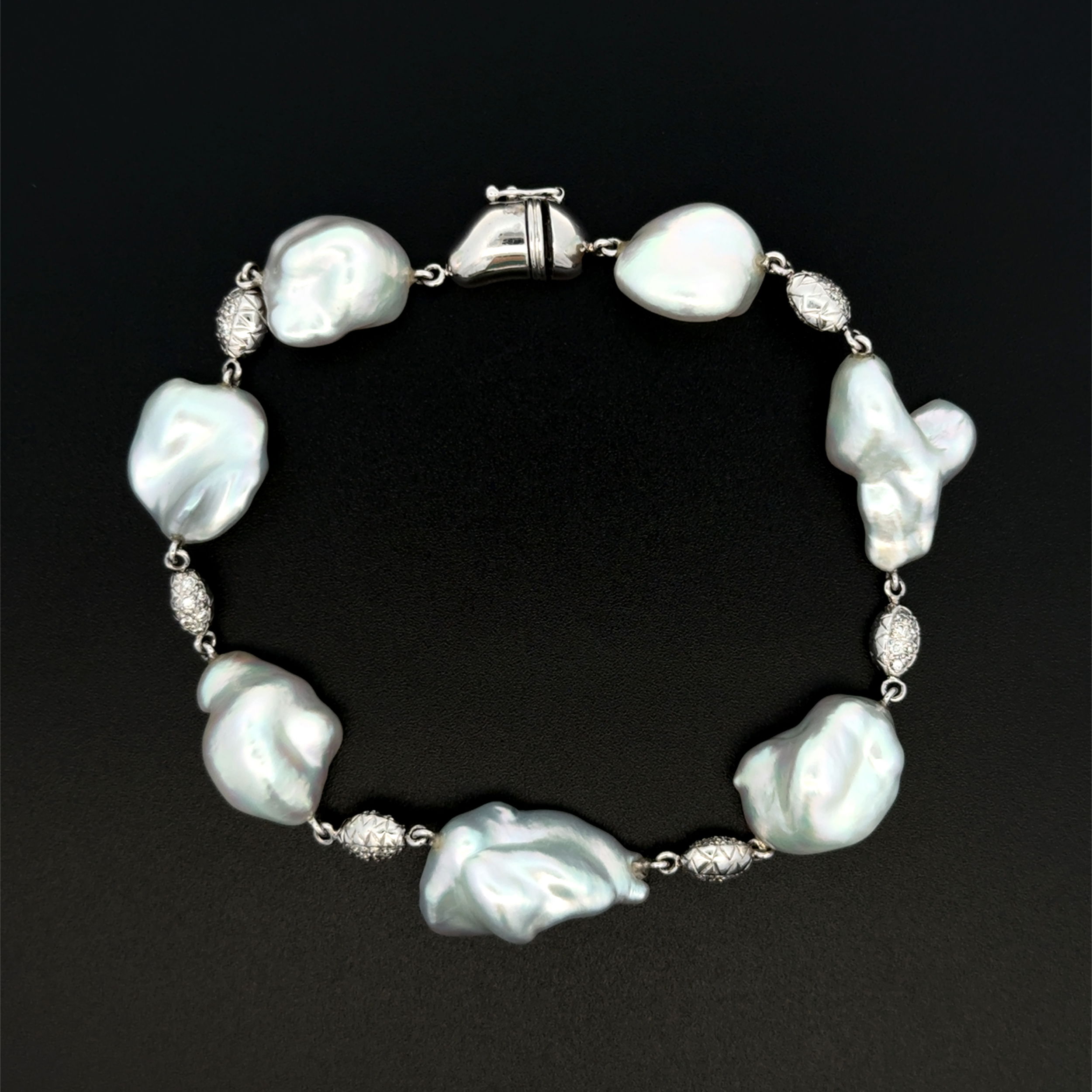18K WG 7 - 12x20mm Baroque Pearl & .36tcw RBC Diamond Station Bracelet 22.9g, 8" 18K WG 7 - 12x20mm Baroque Pearl & .36tcw RBC Diamond Station Bracelet 22.9g, 8"
