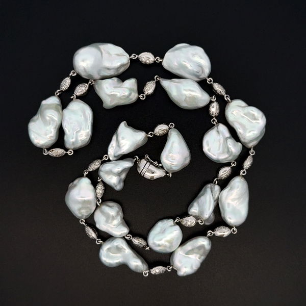 Closeup photo of 18K WG 18 - 12x20mm Baroque Pearl & 1.02tcw RBC Diamond Station Necklace 57.0g, 22"