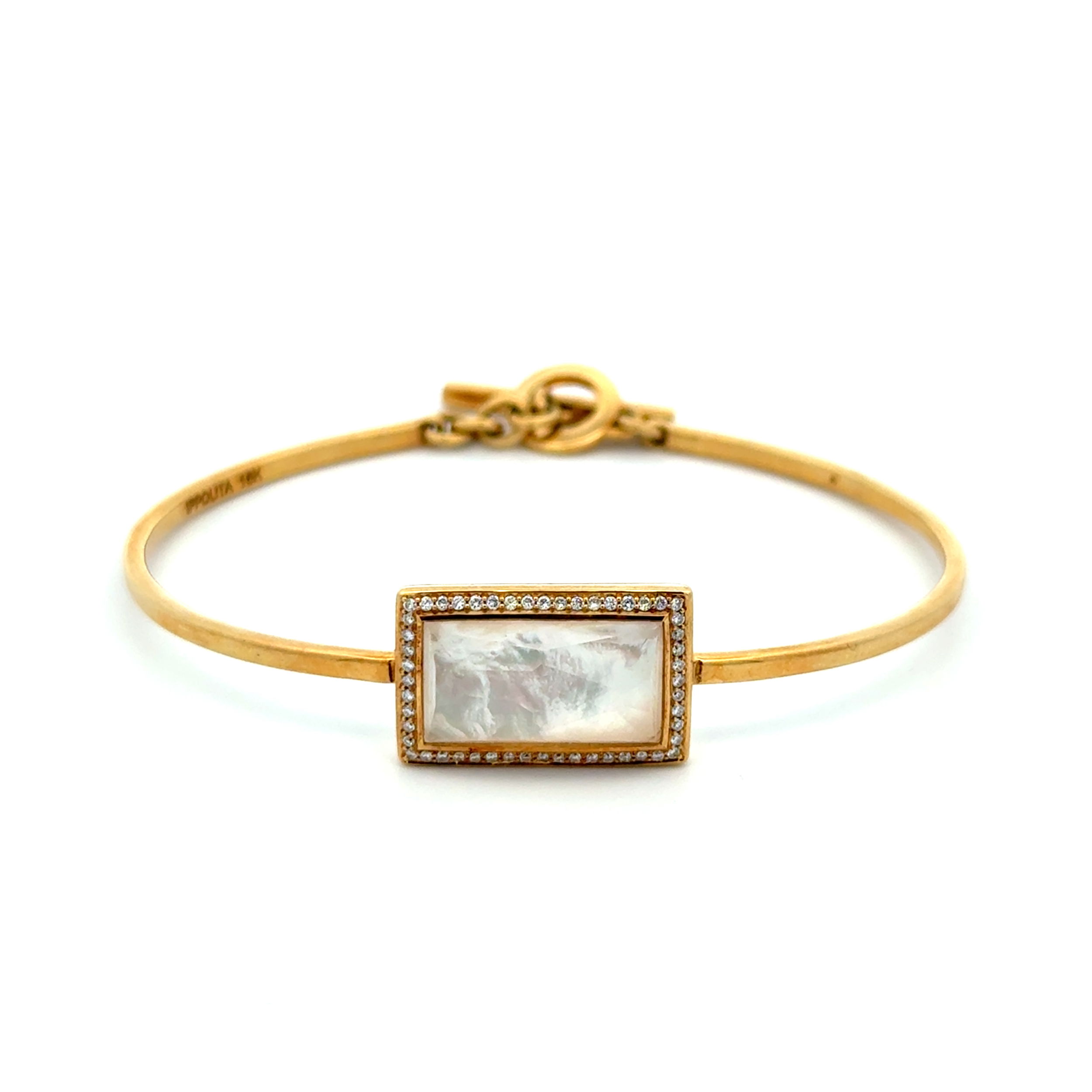 18K YG IPPOLITA Mother of Pearl Doublet & .26tcw Pave Diamond Bangle Bracelet 15.5g