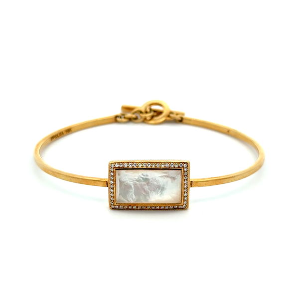 Closeup photo of 18K YG IPPOLITA Mother of Pearl Doublet & .26tcw Pave Diamond Bangle Bracelet 15.5g