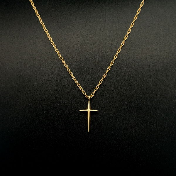 Closeup photo of 18K & 14K YG Petite Cross Pendant Necklace 2.3g, 16"