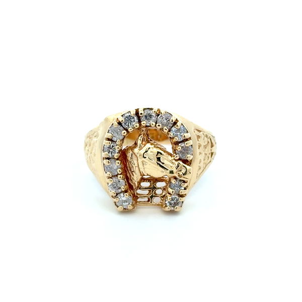 Closeup photo of 14K YG Horse Head 1.00tcw Diamond Horseshoe Ring 8.6g, s13.5