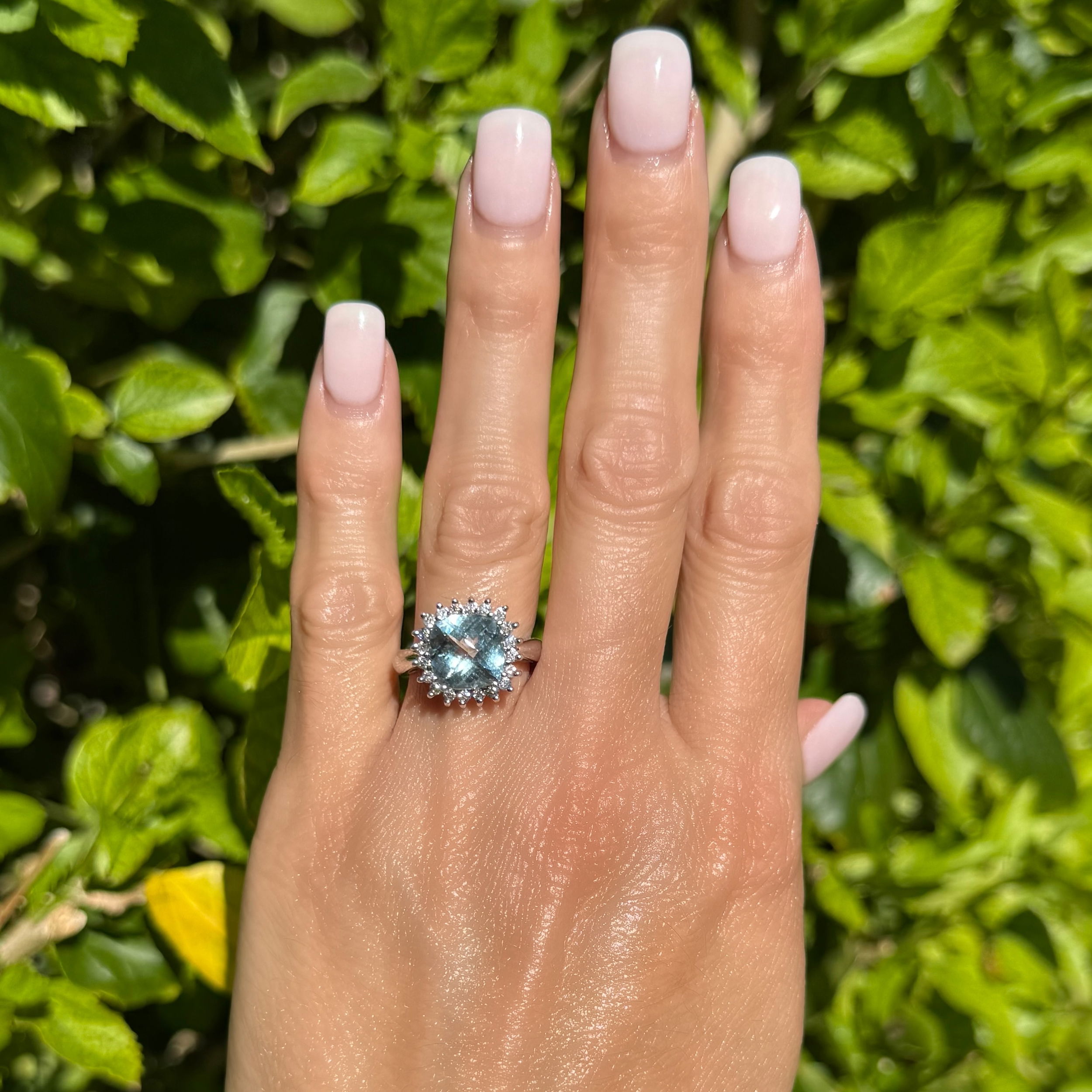14K WG 3ct Cushion Aquamarine & .40tcw RBC Diamond Halo Ring 6.3g, s6.75 14K WG 3ct Cushion Aquamarine & .40tcw RBC Diamond Halo Ring 6.3g, s6.75