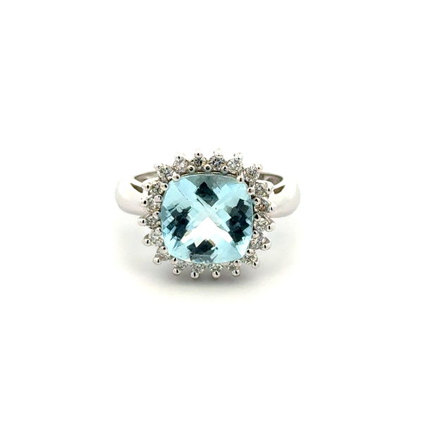 Closeup photo of 14K WG 3ct Cushion Aquamarine & .40tcw RBC Diamond Halo Ring 6.3g, s6.75