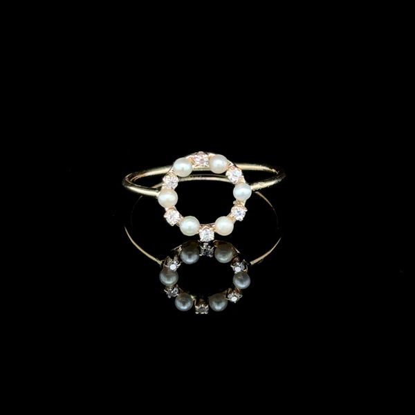 Closeup photo of 14K YG Victorian .05ct Diamond & Pearl Circle Stick Pin Ring 1.5g, 6.75