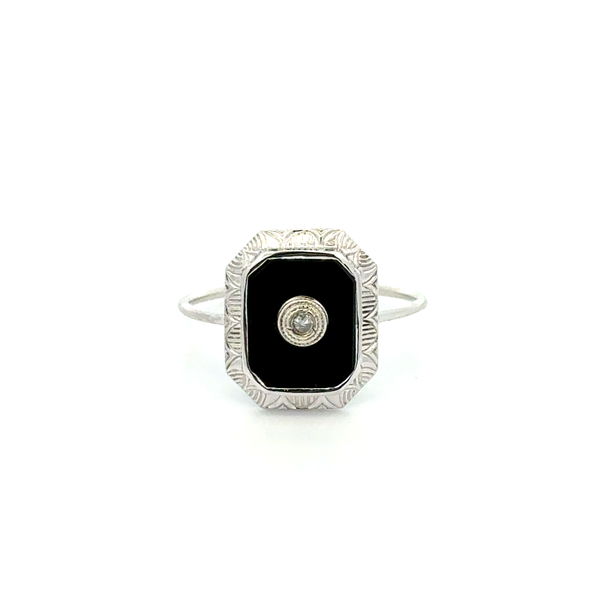 Closeup photo of 14K WG Art Deco .03ct Diamond in Onyx Slab Engraved Bezel Stick Pin Ring1.4g, s6.75