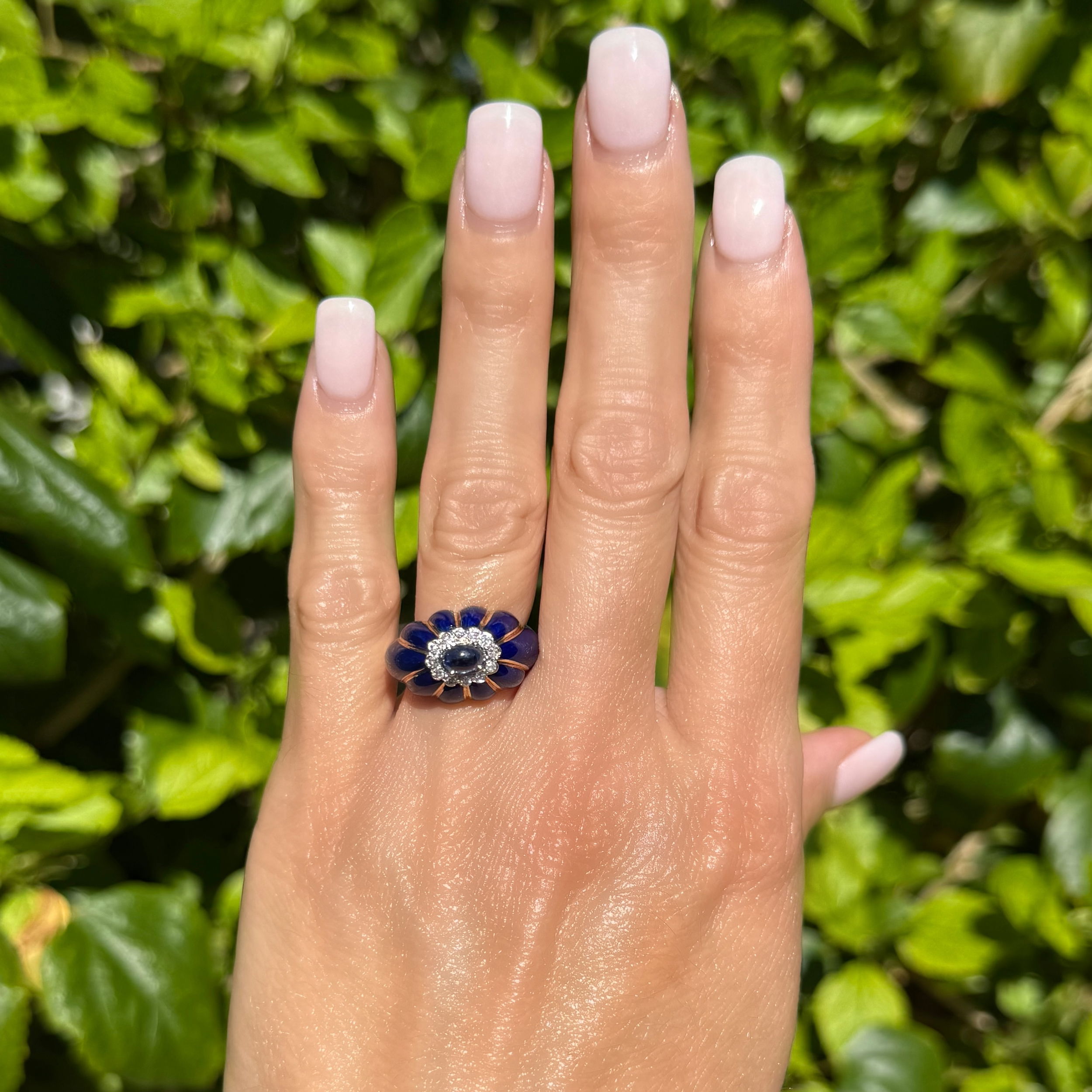 18K YG Italian CORLETTO .50ct Cab Sapphire, Blue Enamel & .12tcw Diamond Dome Ring 10.9g, s7.75 18K YG Italian CORLETTO .50ct Cab Sapphire, Blue Enamel & .12tcw Diamond Dome Ring 10.9g, s7.75
