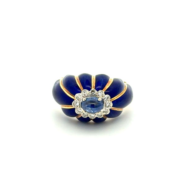 Closeup photo of 18K YG Italian CORLETTO .50ct Cab Sapphire, Blue Enamel & .12tcw Diamond Dome Ring 10.9g, s7.75